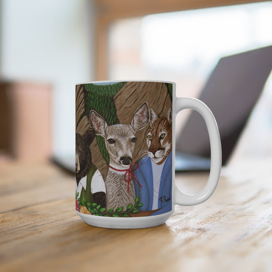 Whimsical Mountain Wildlife Coffee Mug – 15oz Original Art, Mountain Meal by Roberta Pacino