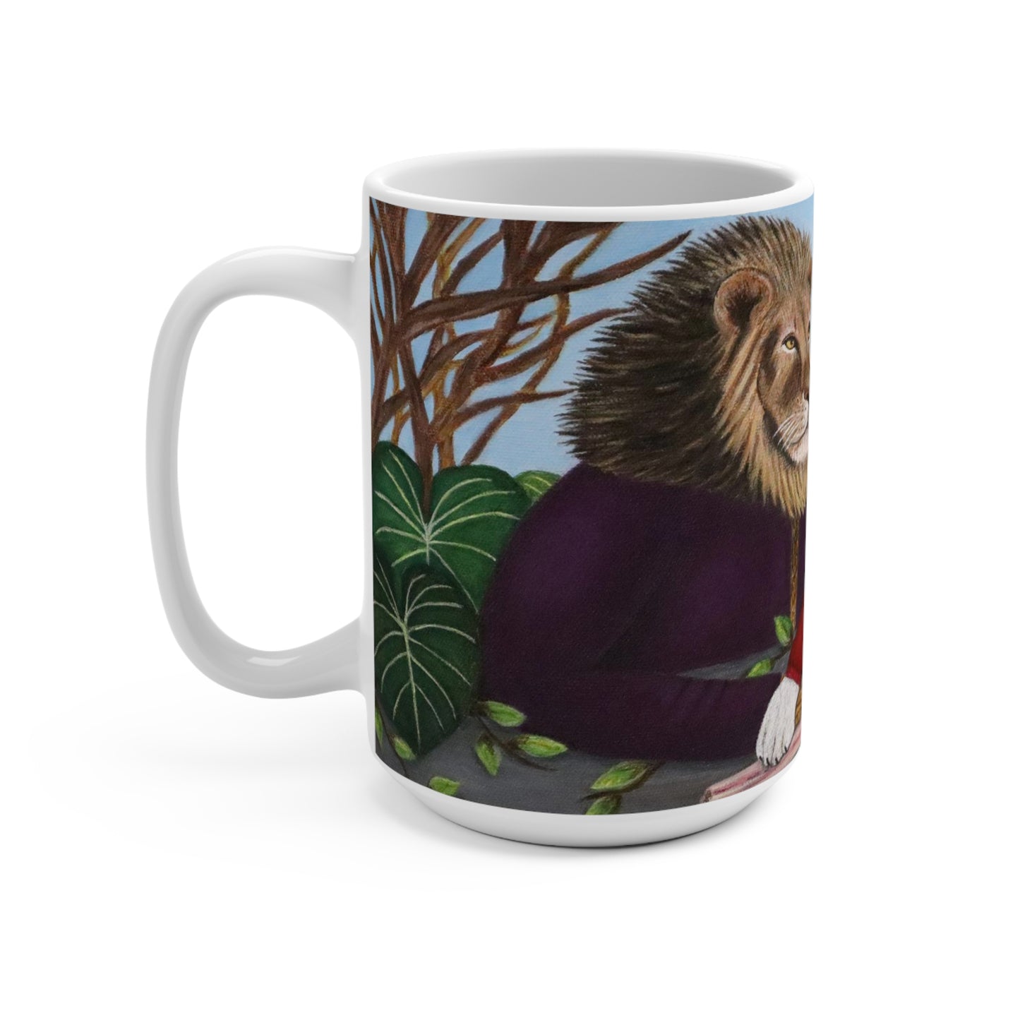 Whimsical Lion & Tiger Coffee Mug – 15oz Original Art, King's Table by Roberta Pacino