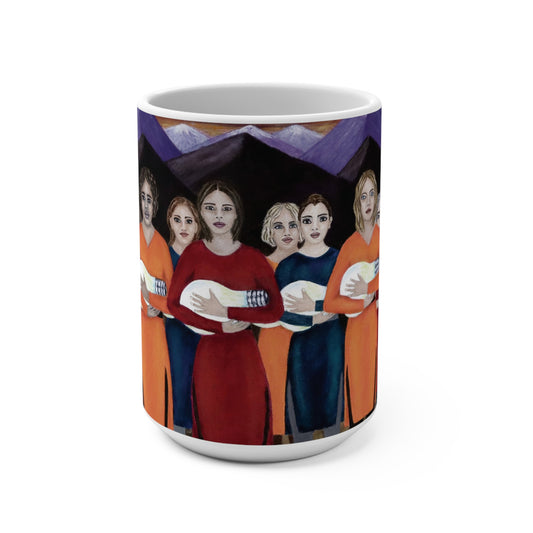 The Dawning 15 oz art mug featuring seven women in original painting by Roberta Pacino