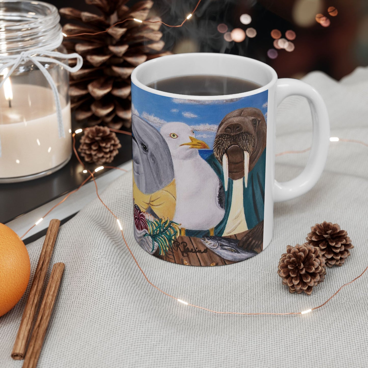 Pelican and Dolphin Coffee Mug – 11oz Ocean Animal Art Cup, Seaside Snacks by Roberta Pacino