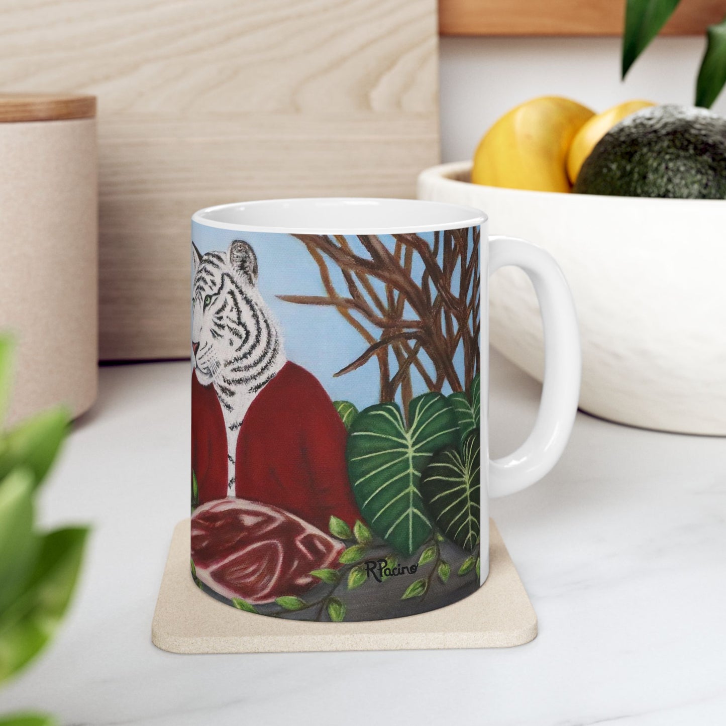 Whimsical Lion and Tiger Coffee Mug – 11oz Jungle Animal Art Cup, King’s Table by Roberta Pacino