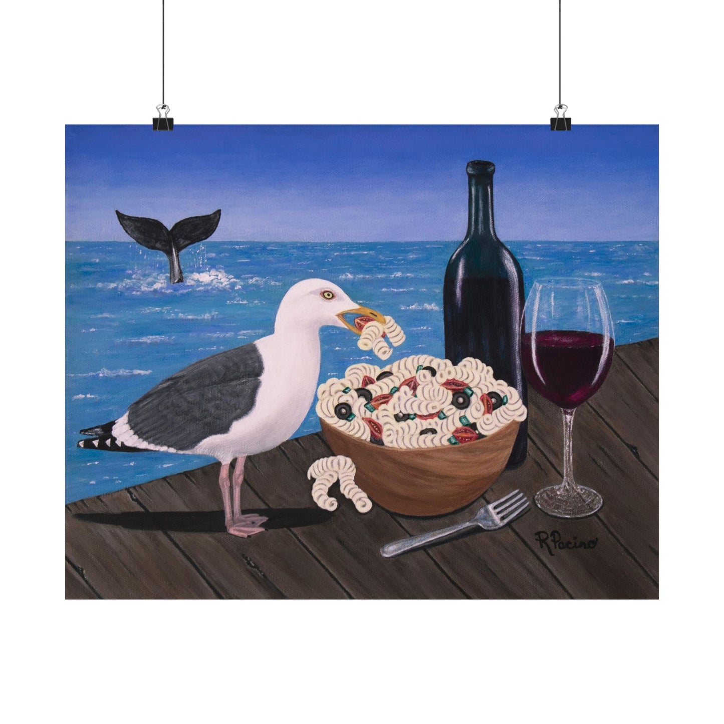 Pasta on the Pier – Whimsical Seagull Dining Art, Coastal Scene, by Roberta Pacino