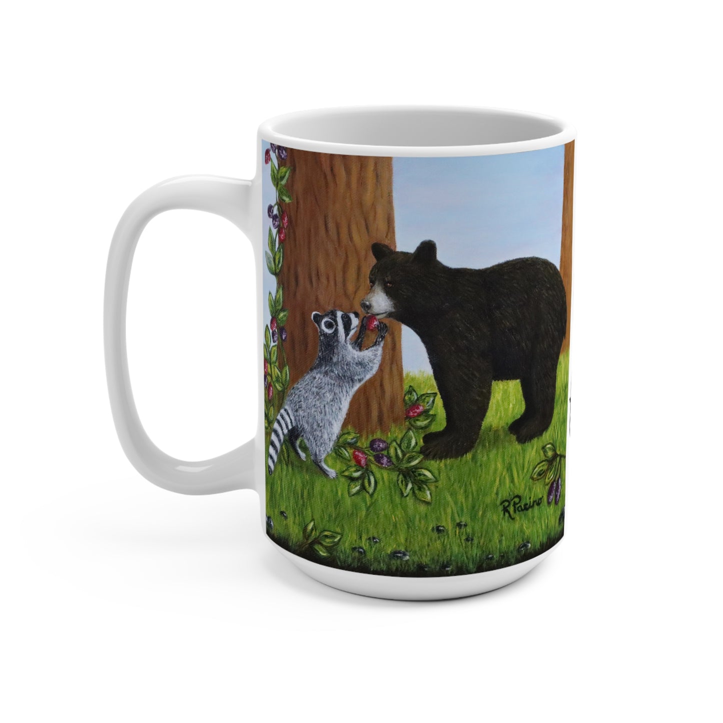 Wildlife Mug – Woodland Animals Coffee Cup 15 oz, Raccoon & Bear Cub Nature Art – Forest Friends by Roberta Pacino