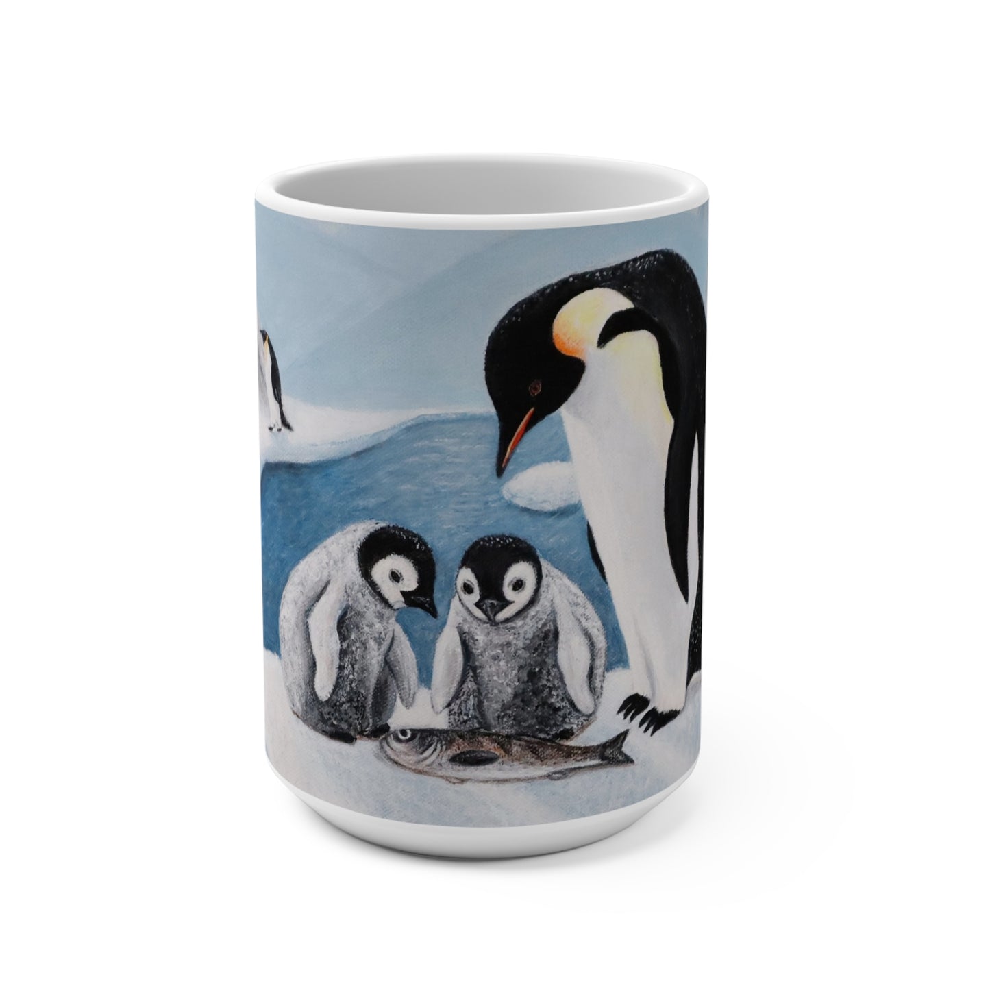 Whimsical Penguin Coffee Mug – 15oz Original Art, Antarctic Wildlife Scene, Icy Love by Roberta Pacino