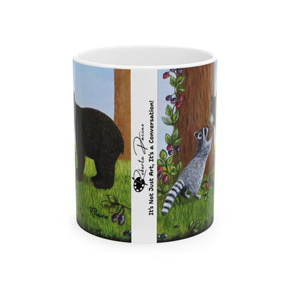 Wildlife Mug – Woodland Animals Coffee Cup 11 oz, Raccoon & Bear Cub Nature Art – Forest Friends by Roberta Pacino