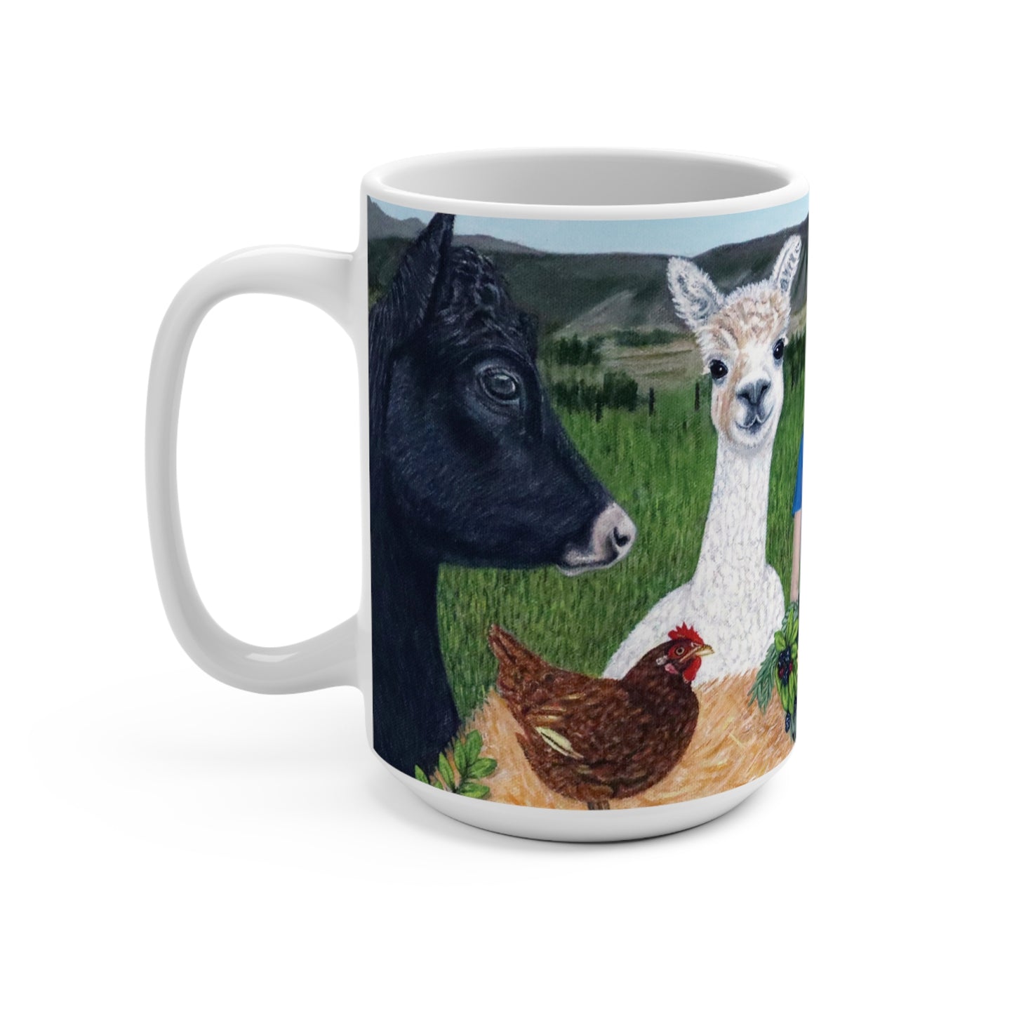 Barnyard Banquet art mug showing Jenny with alpacas and farm animals