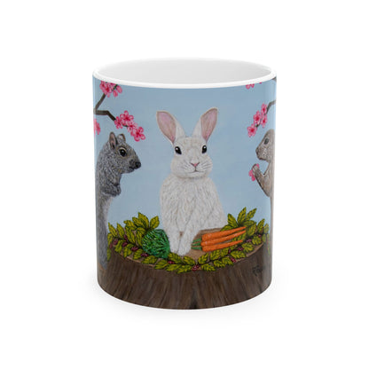 Whimsical Woodland Coffee Mug – 11oz Original Art, Squirrel, Rabbit & Prairie Dog, Garden Gathering by Roberta Pacino