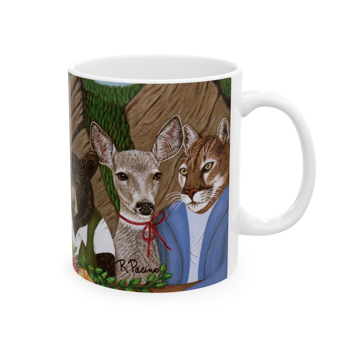 Mountain Wildlife Coffee Mug – 11oz Original Art, Red Fox, Black Bear, Mountain Lion & Goat, Mountain Meal by Roberta Pacino