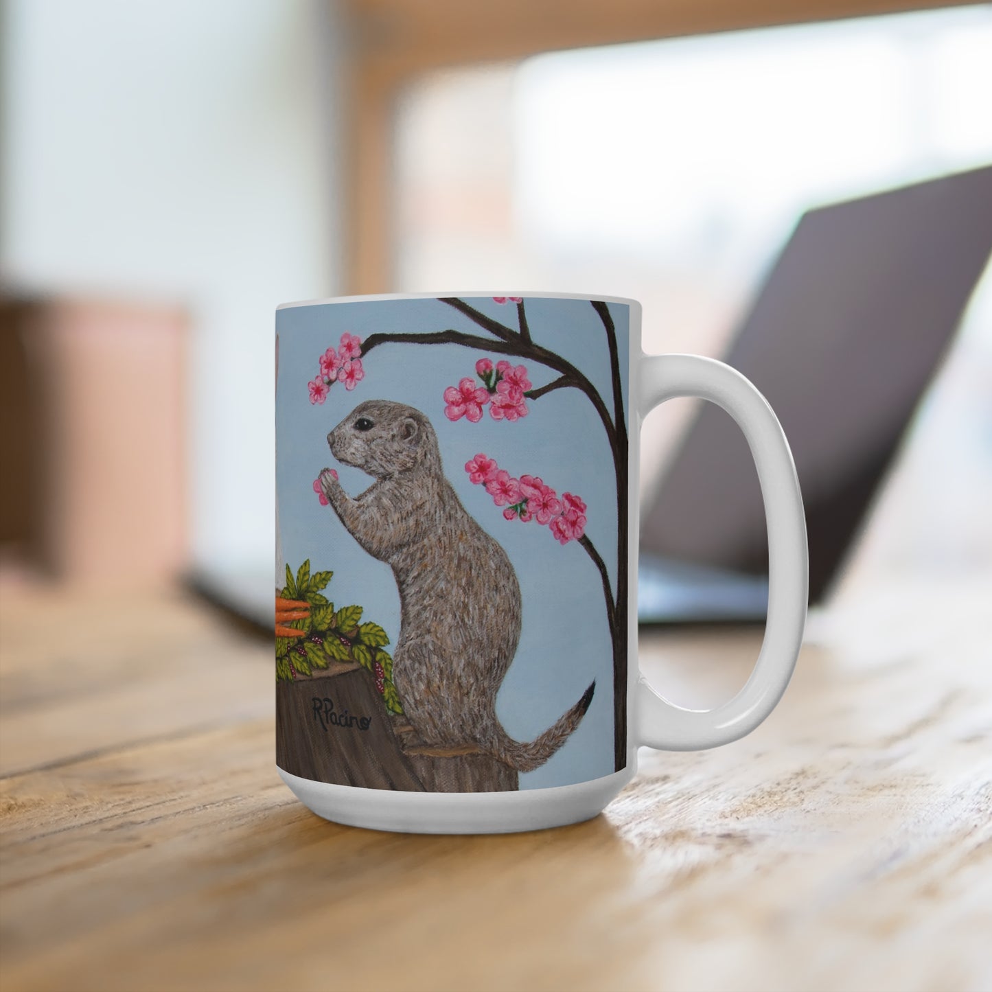 Whimsical Woodland Coffee Mug – 15oz Rabbit, Squirrel & Prairie Dog Art, Garden Gathering by Roberta Pacino