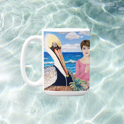 Whimsical Ocean Wildlife Coffee Mug – 15oz Original Art, Pelican, Dolphin & Walrus, Seaside Snacks by Roberta Pacino