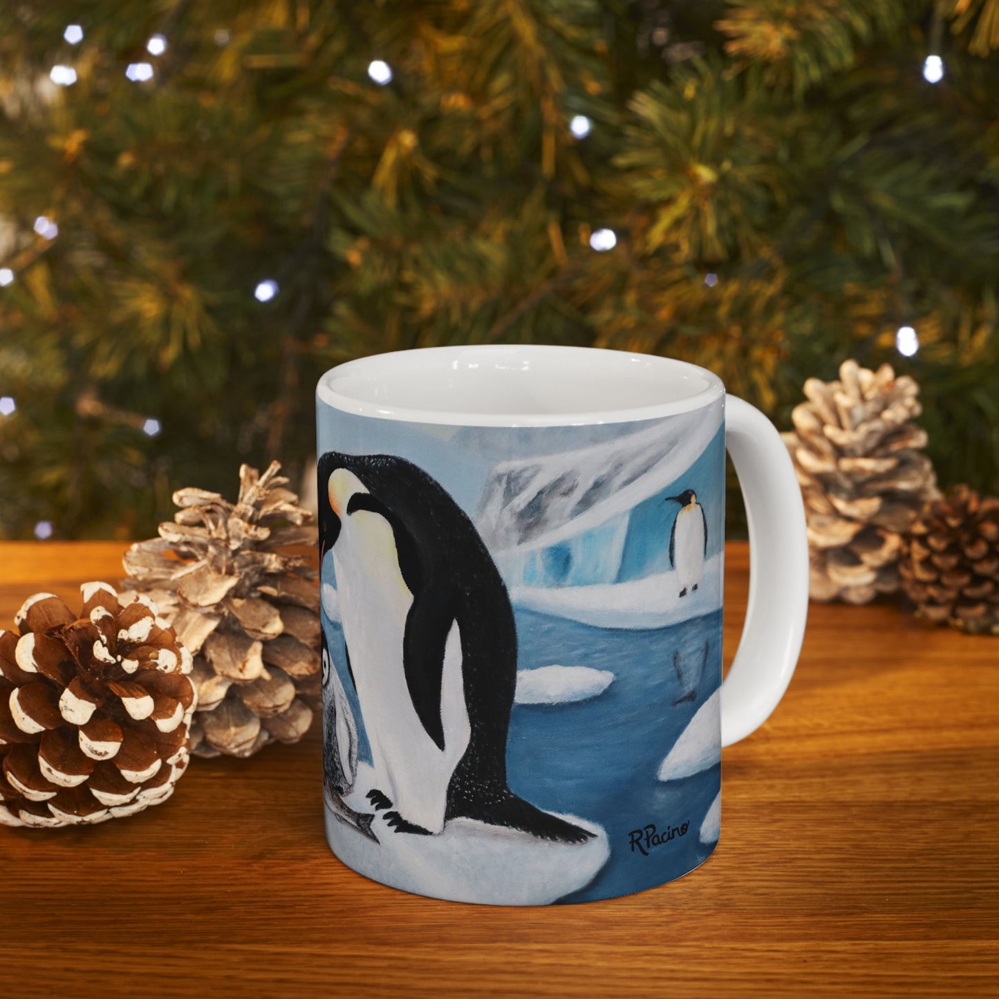 Whimsical Penguin Coffee Mug – 11oz Antarctic Wildlife Art Cup, Icy Love by Roberta Pacino