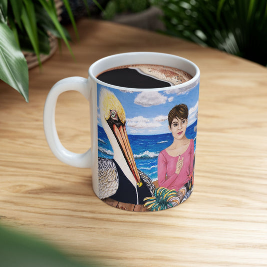 Pelican and Dolphin Coffee Mug – 11oz Ocean Animal Art Cup, Seaside Snacks by Roberta Pacino
