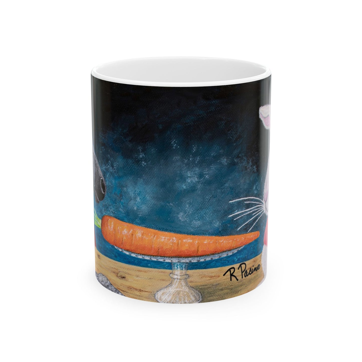 Horse and Rabbit Coffee Mug – 11oz Fantasy Animal Art Cup | Single Carrot by Roberta Pacino