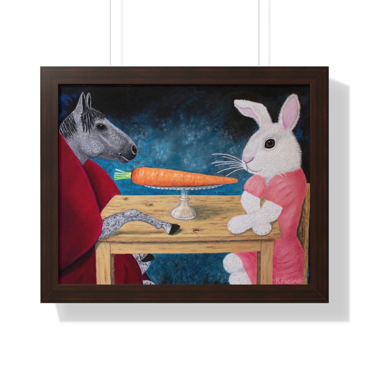 Framed Horse & Rabbit Print – Single Carrot by Roberta Pacino