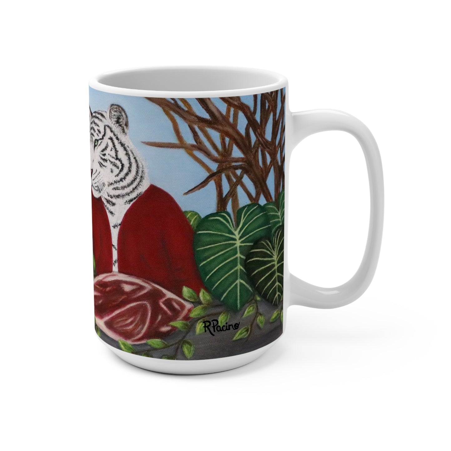 Whimsical Lion & Tiger Coffee Mug – 15oz Original Art, King's Table by Roberta Pacino