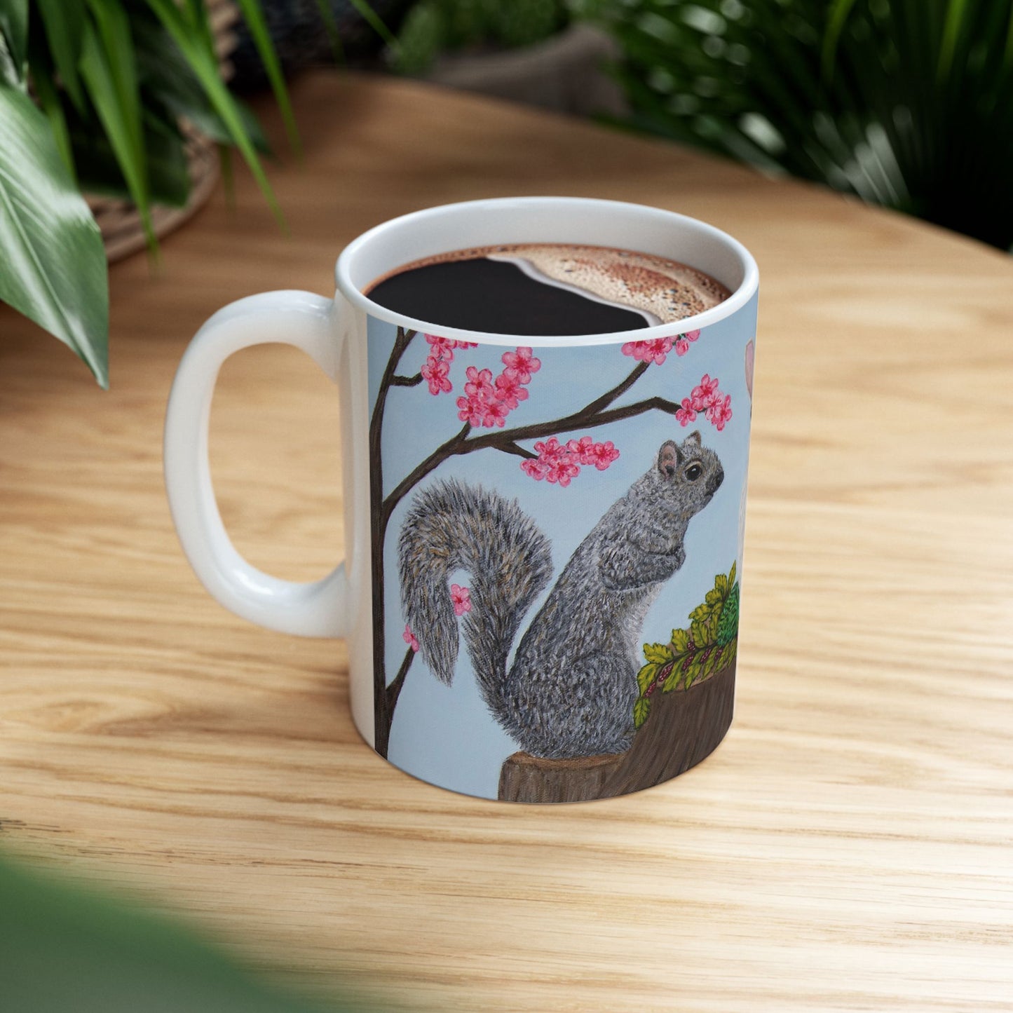Whimsical Woodland Coffee Mug – 11oz Original Art, Squirrel, Rabbit & Prairie Dog, Garden Gathering by Roberta Pacino