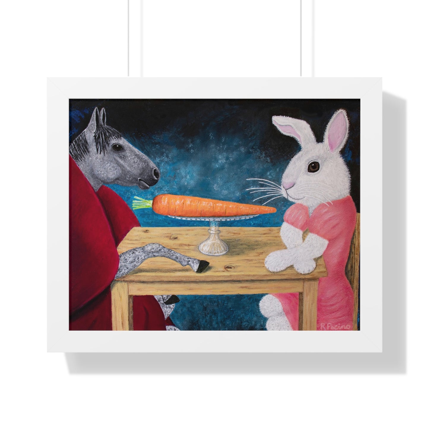 Framed Horse & Rabbit Print – Single Carrot by Roberta Pacino