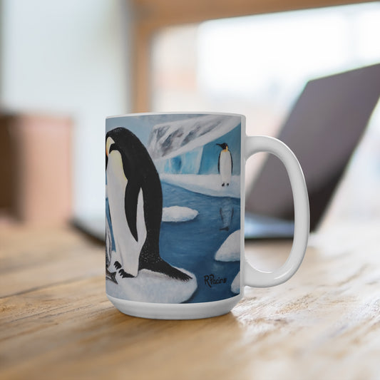 Whimsical Penguin Coffee Mug – 15oz Original Art, Antarctic Wildlife Scene, Icy Love by Roberta Pacino