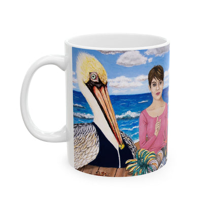 Pelican and Dolphin Coffee Mug – 11oz Ocean Animal Art Cup, Seaside Snacks by Roberta Pacino