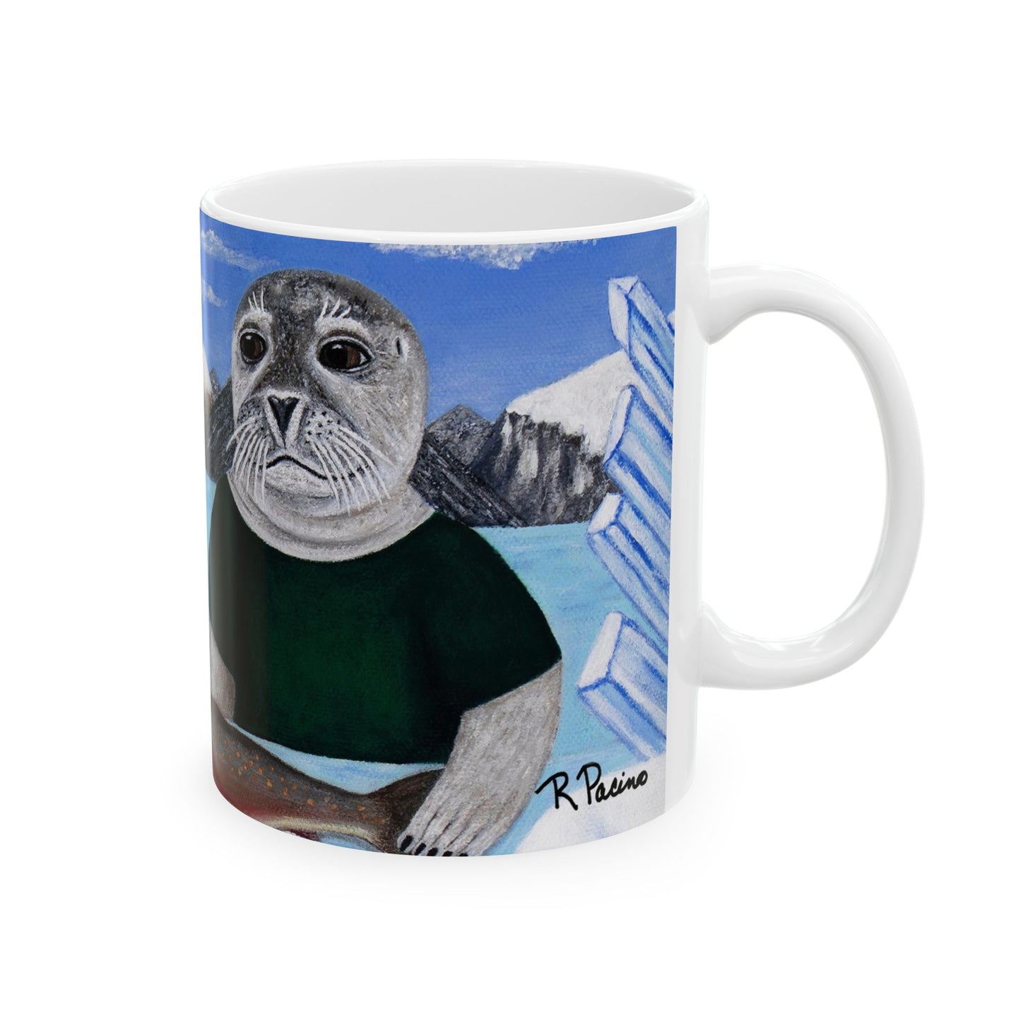 Whimsical Arctic Coffee Mug – 11oz Original Art, Cute Polar Bear & Harp Seal, Arctic Appetite by Roberta Pacino