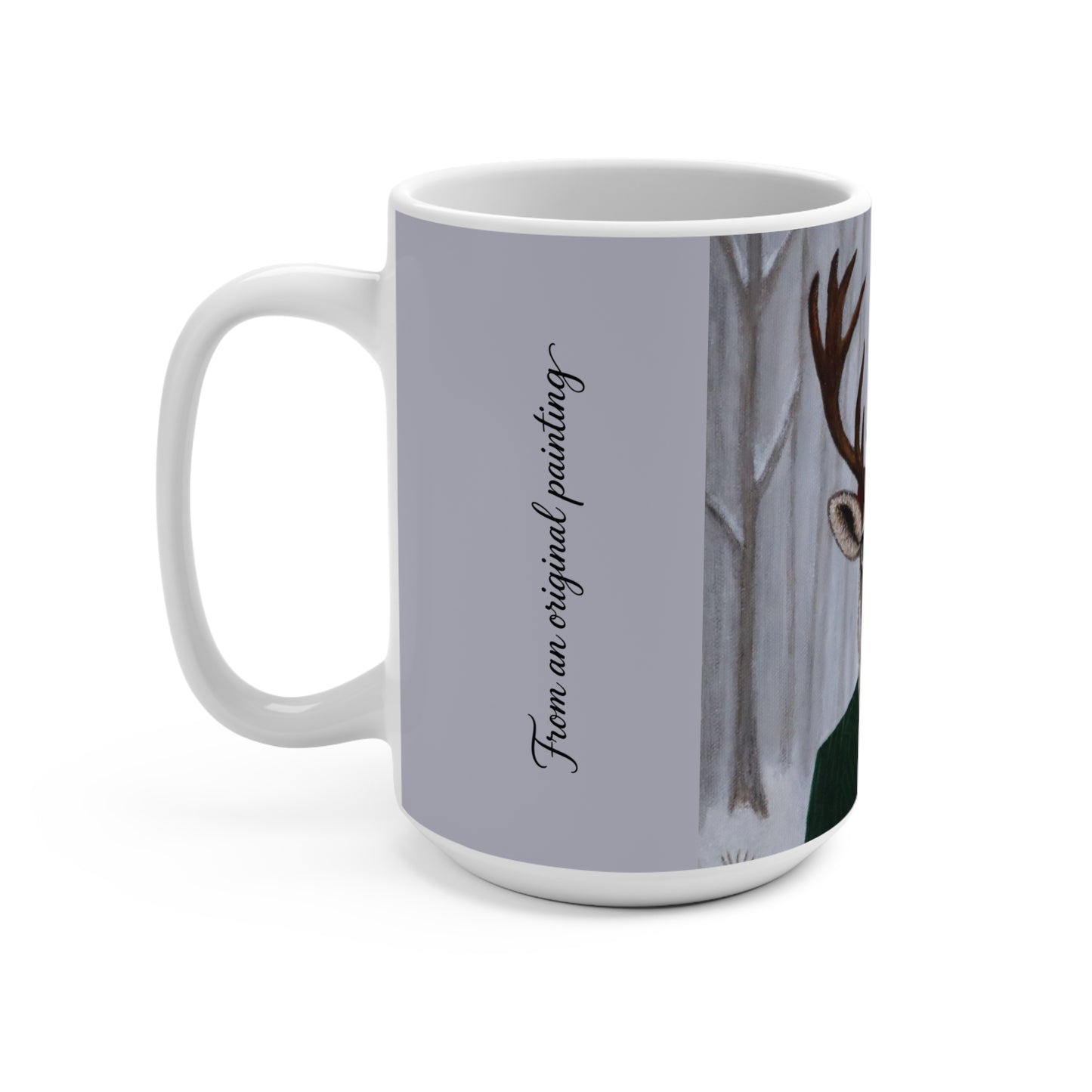 Roxy Reindeer art mug showing original reindeer portrait and artist message