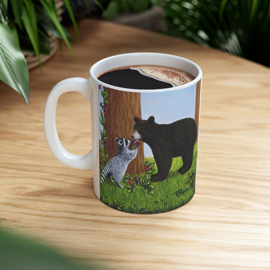 Wildlife Mug – Woodland Animals Coffee Cup 11 oz, Raccoon & Bear Cub Nature Art – Forest Friends by Roberta Pacino