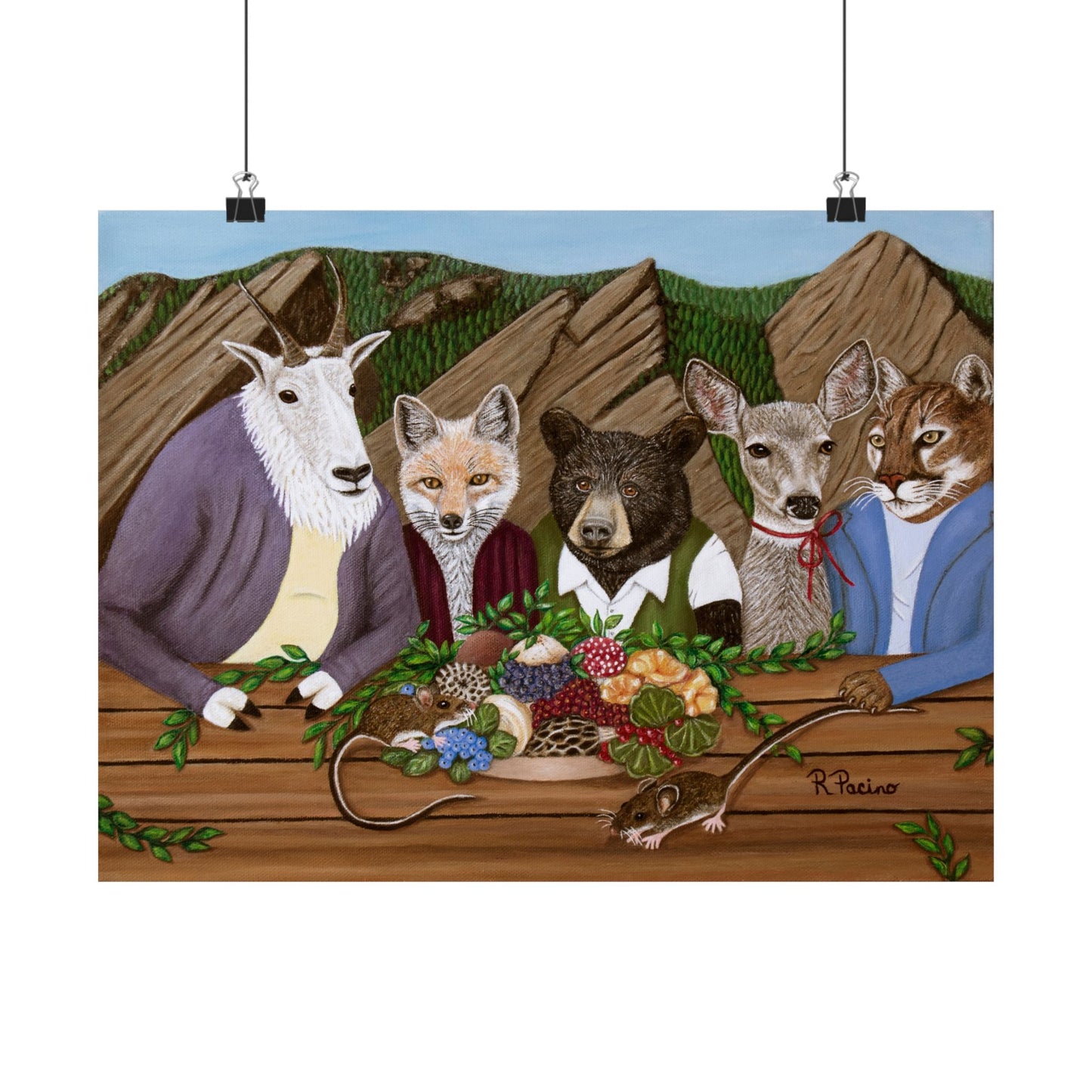 Mountain Meal – Whimsical Wildlife Dining Scene, Majestic Forest Art, by Roberta Pacino