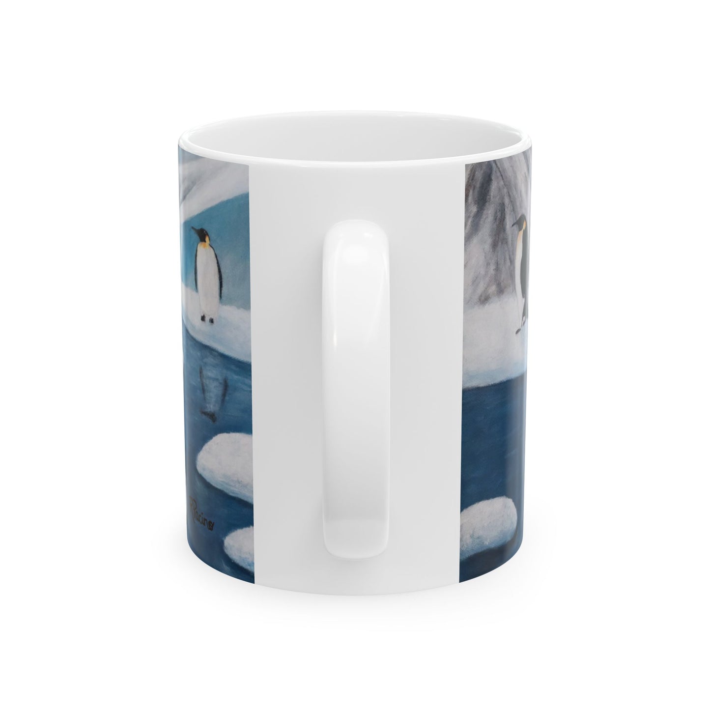 Whimsical Penguin Coffee Mug – 11oz Antarctic Wildlife Art Cup, Icy Love by Roberta Pacino