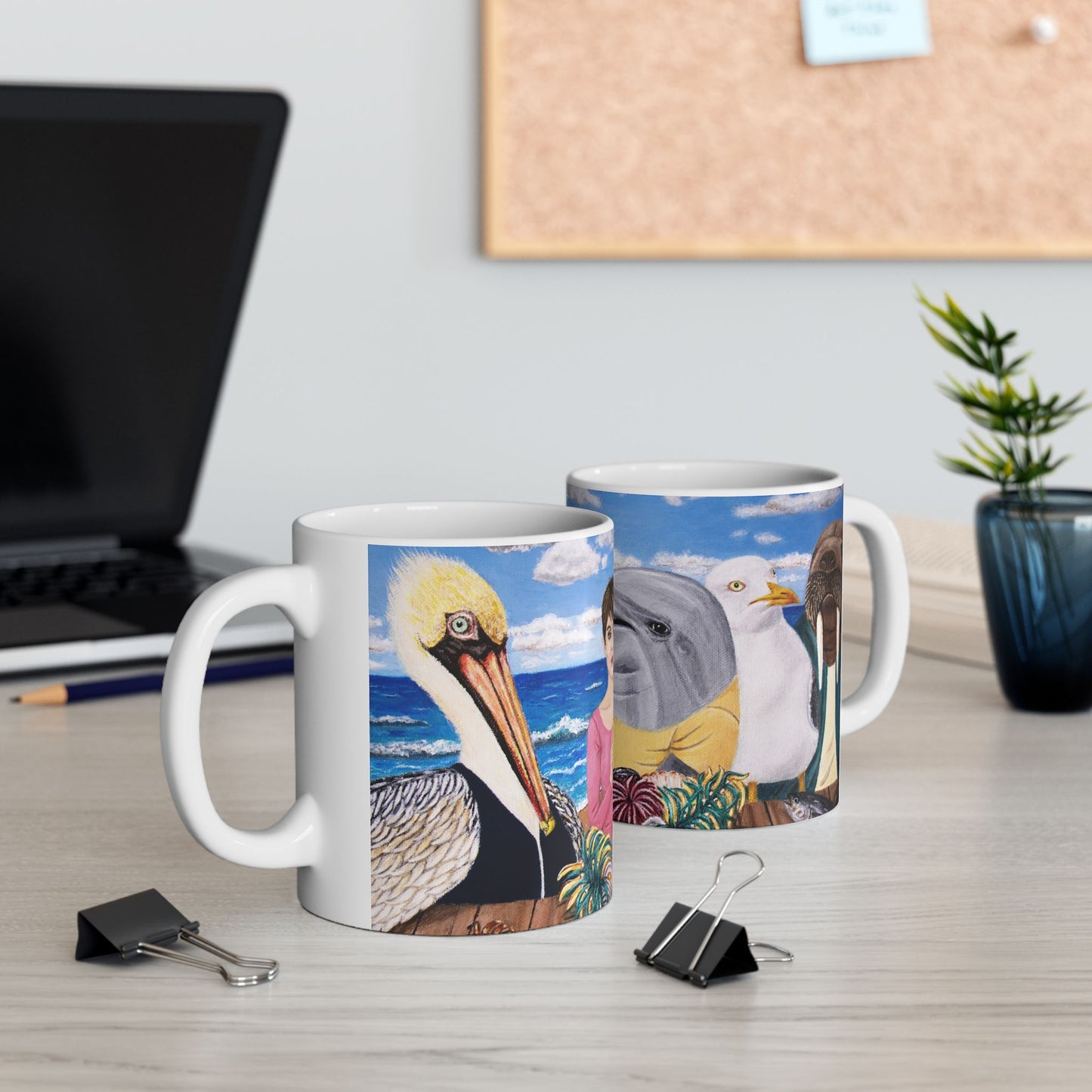 Pelican and Dolphin Coffee Mug – 11oz Ocean Animal Art Cup, Seaside Snacks by Roberta Pacino