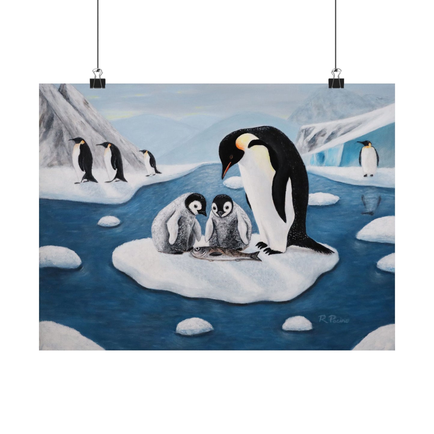 Icy Love – Whimsical Penguin Family Art, Antarctic Scene, by Roberta Pacino