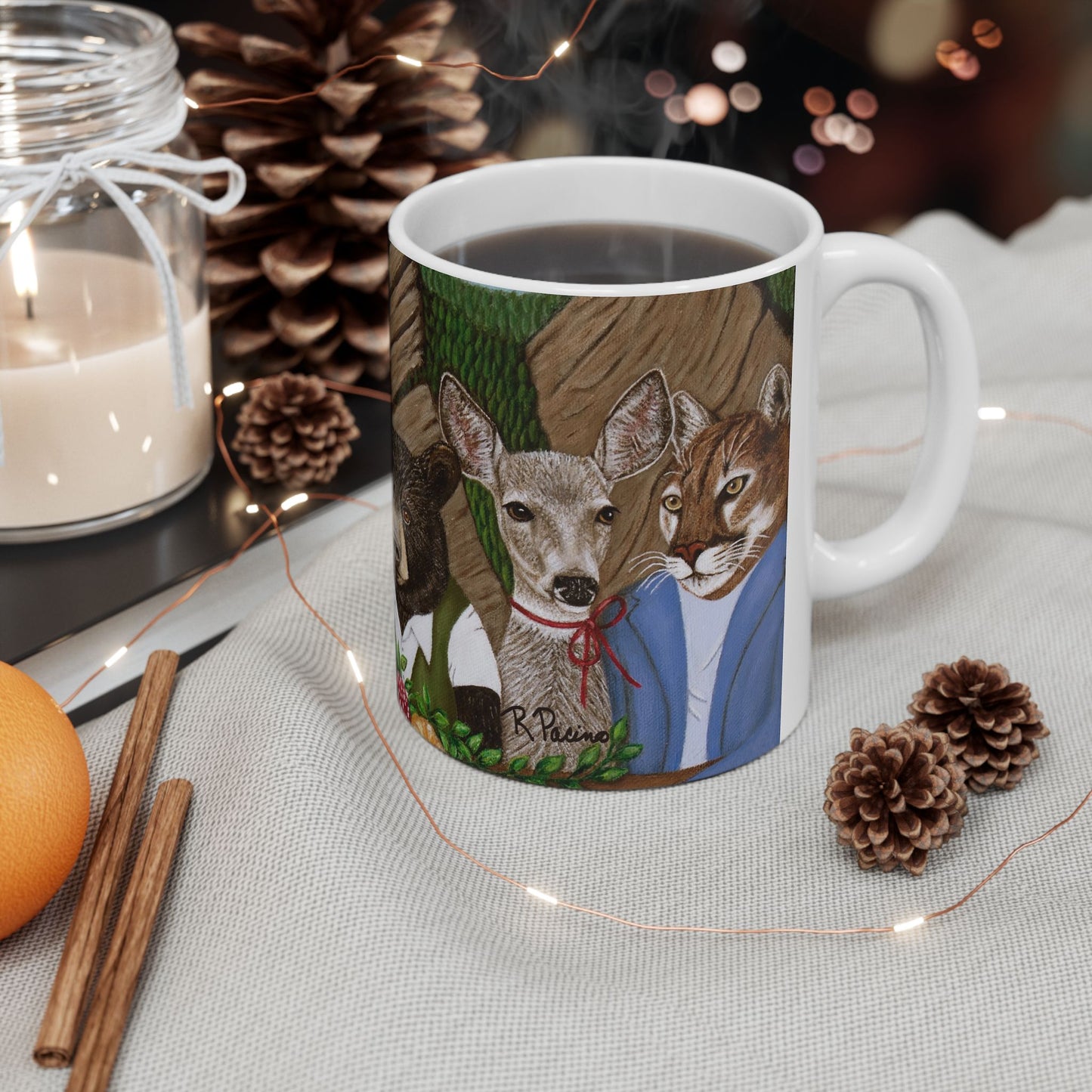 Mountain Wildlife Coffee Mug – 11oz Original Art, Red Fox, Black Bear, Mountain Lion & Goat, Mountain Meal by Roberta Pacino