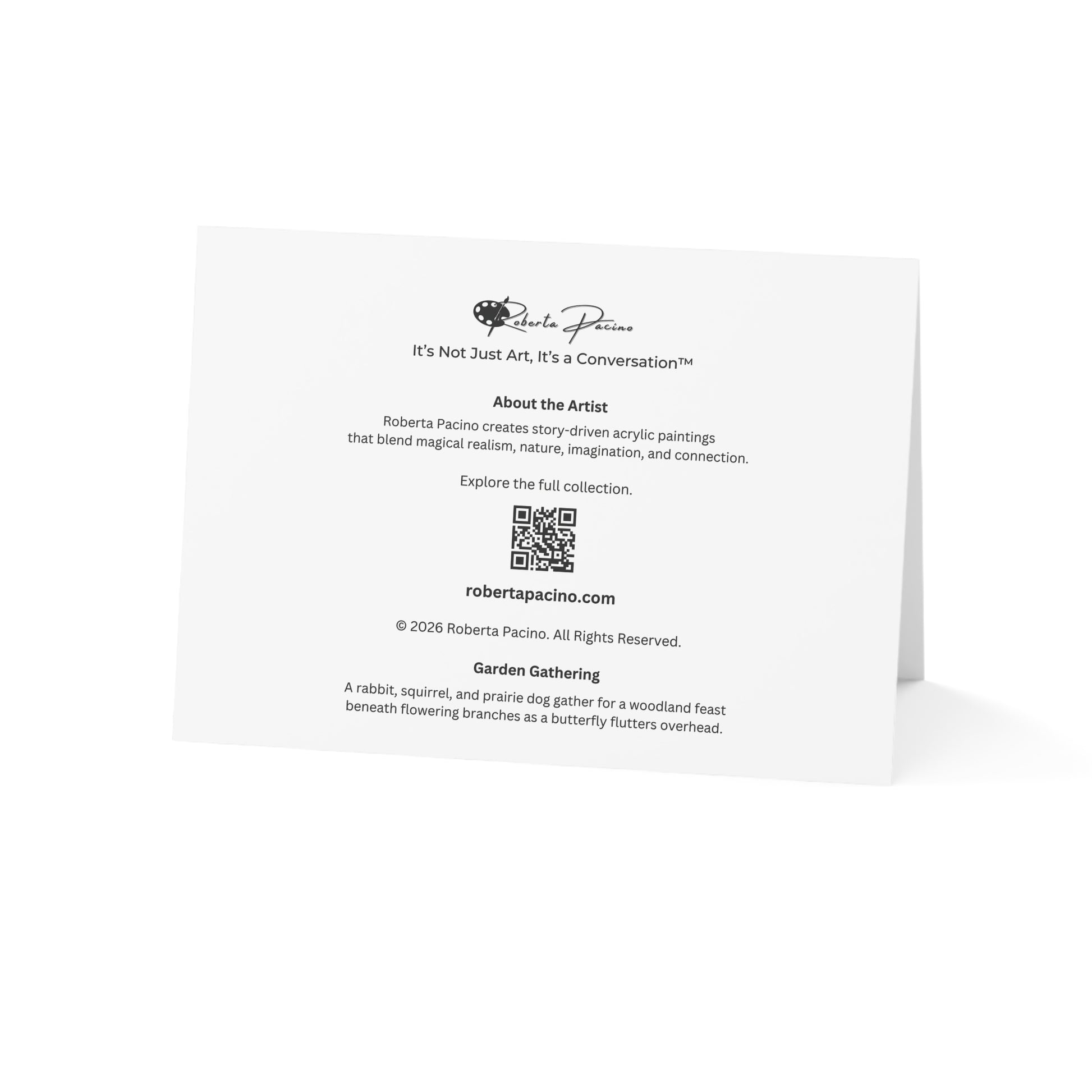 A white printed card or booklet page from Roberta Pacino, shown standing against a light gray background. The page includes the artist's name, a short quote, a QR code, and text about the artist and 'Sunlit Supper'.