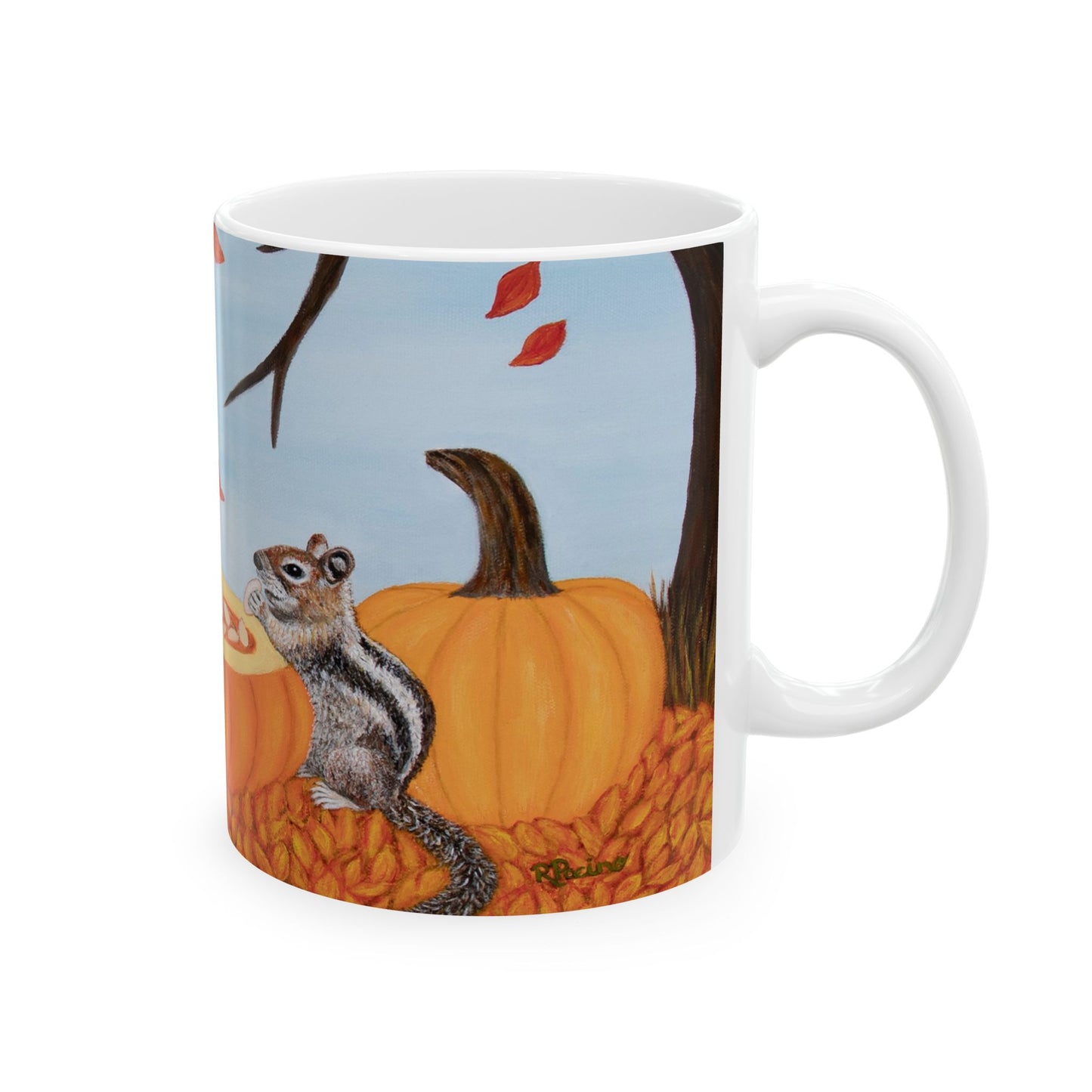 Autumn Chipmunk & Squirrel Mug – 11oz Pumpkin Patch Pals Coffee Cup, Art by Roberta Pacino