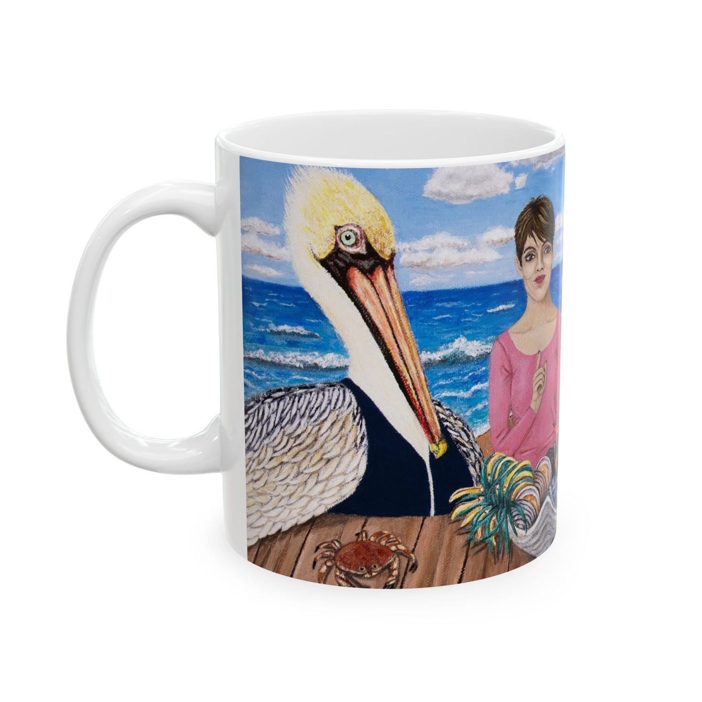 Pelican and Dolphin Coffee Mug – 11oz Ocean Animal Art Cup, Seaside Snacks by Roberta Pacino