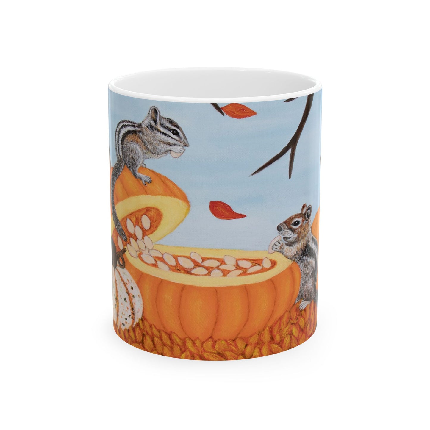 Autumn Chipmunk & Squirrel Mug – 11oz Pumpkin Patch Pals Coffee Cup, Art by Roberta Pacino