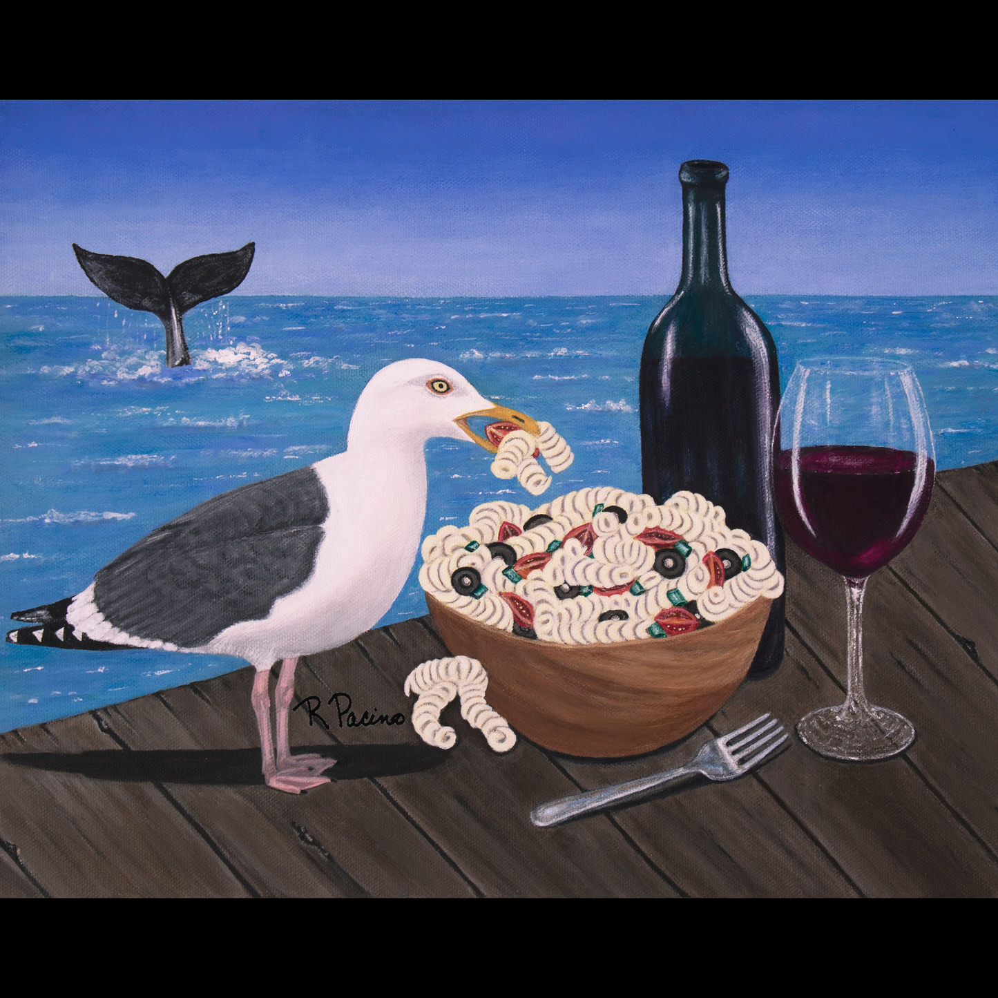 Pasta on the Pier – Whimsical Seagull Dining Art, Coastal Scene, by Roberta Pacino