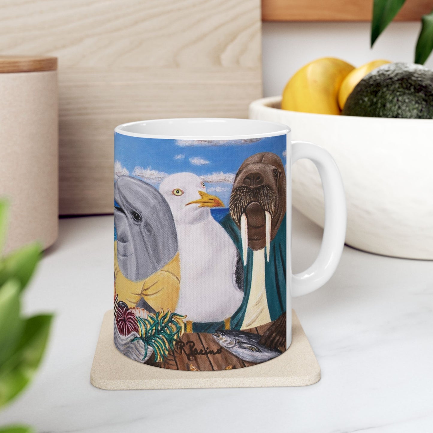 Pelican and Dolphin Coffee Mug – 11oz Ocean Animal Art Cup, Seaside Snacks by Roberta Pacino