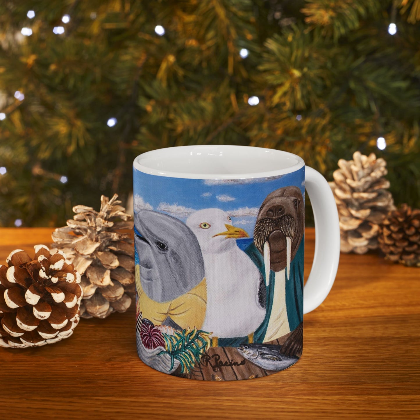 Pelican and Dolphin Coffee Mug – 11oz Ocean Animal Art Cup, Seaside Snacks by Roberta Pacino