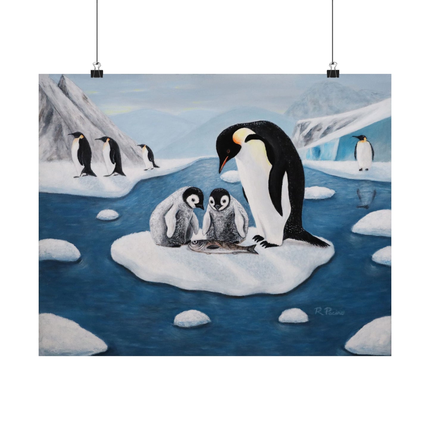 Icy Love – Whimsical Penguin Family Art, Antarctic Scene, by Roberta Pacino