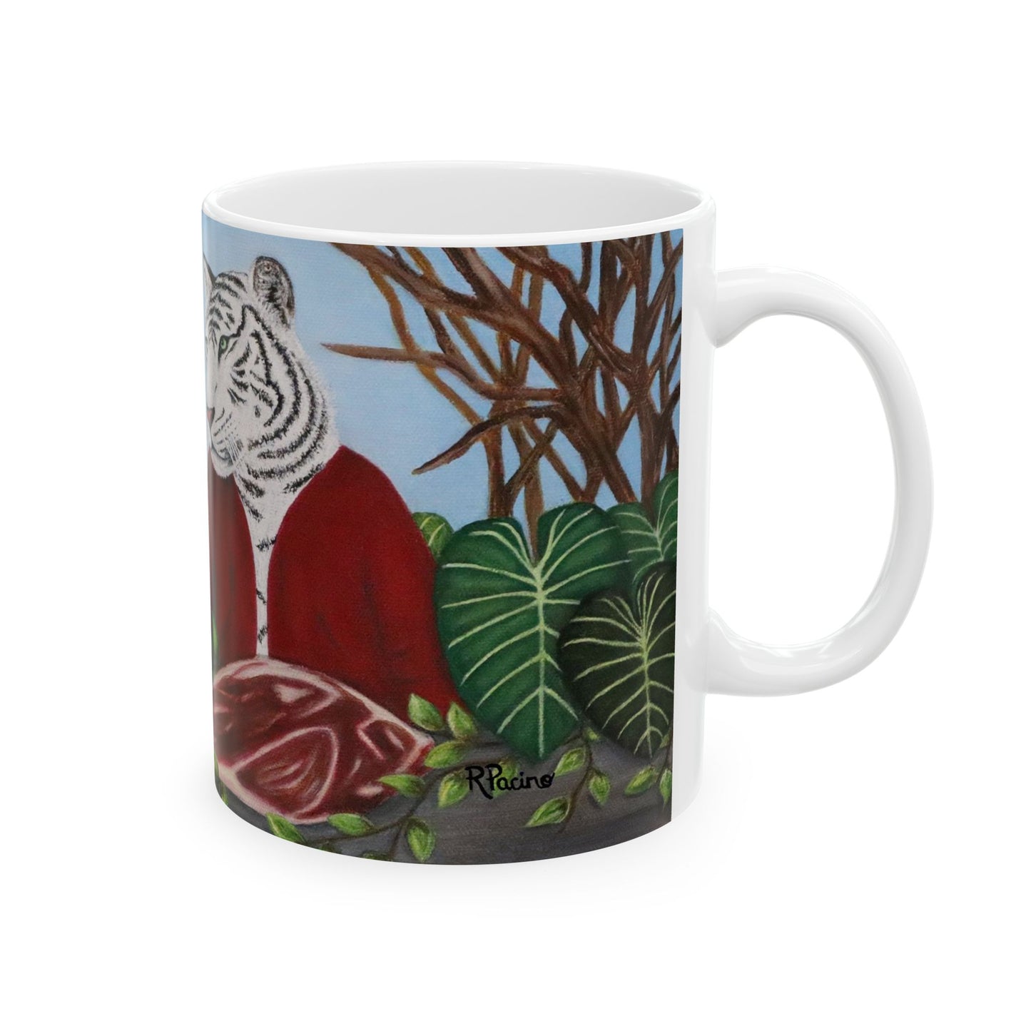 Whimsical Lion and Tiger Coffee Mug – 11oz Jungle Animal Art Cup, King’s Table by Roberta Pacino