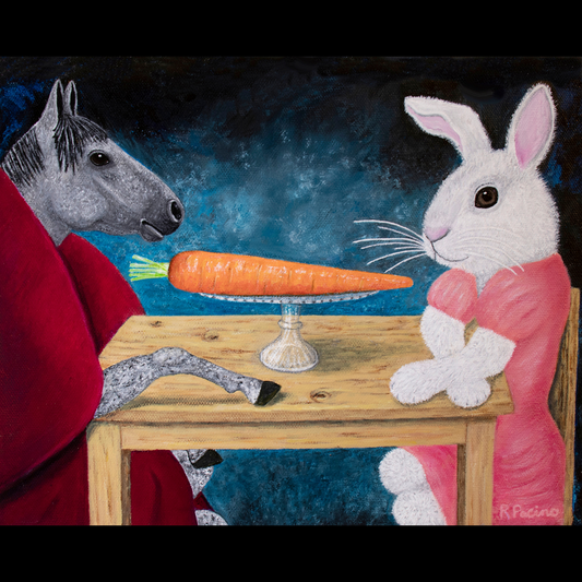 Single Carrot – Whimsical Horse & Rabbit Art, Symbolic Fine Art by Roberta Pacino