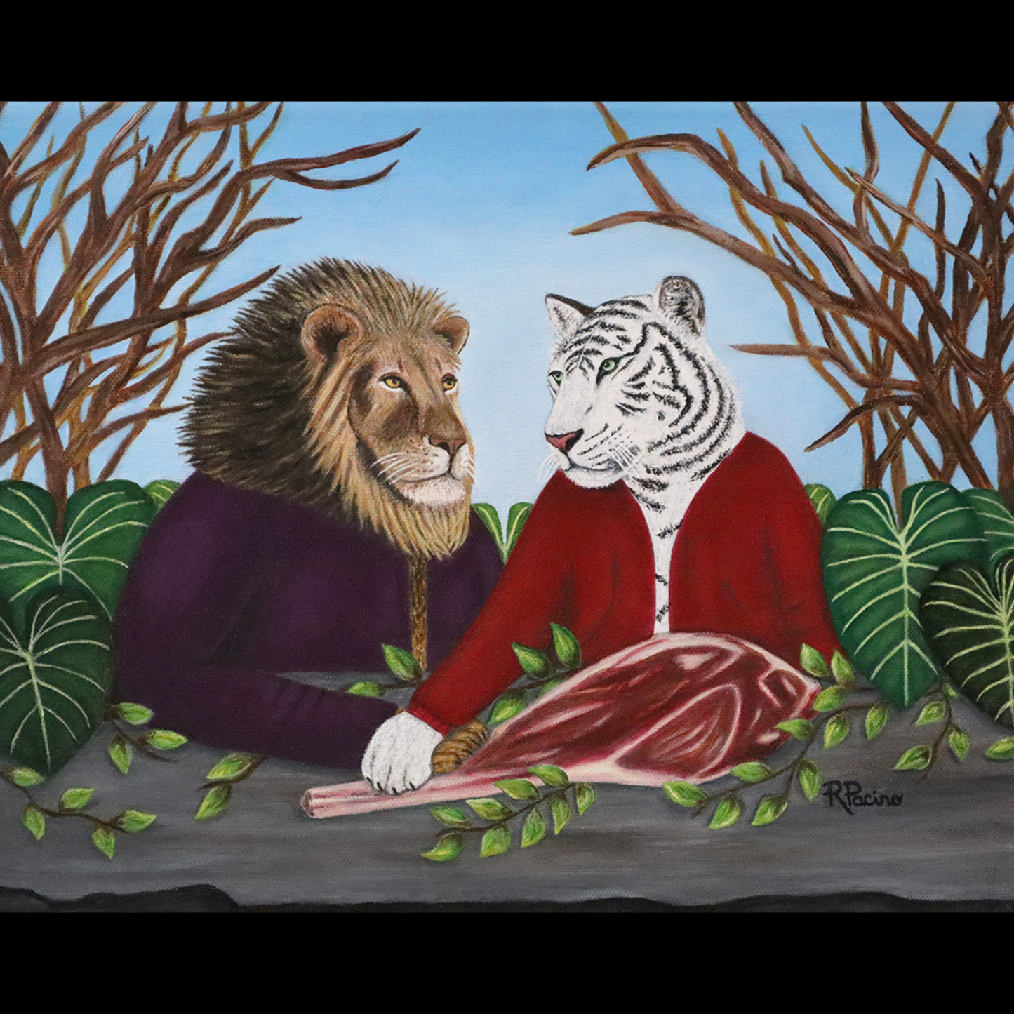 King’s Table – Majestic Lion & Tiger Fine Art, Symbolic Wildlife Print by Roberta Pacino