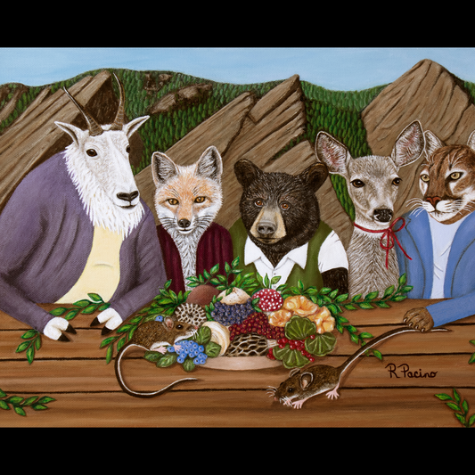 Mountain Meal – Whimsical Wildlife Dining Scene, Majestic Forest Art, by Roberta Pacino