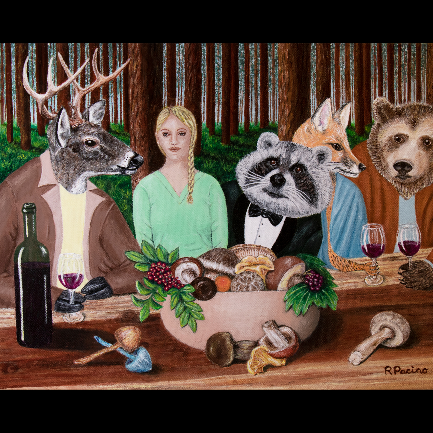 Forest Feast – Whimsical Woodland Animal Art, Elegant Dining Scene, by Roberta Pacino