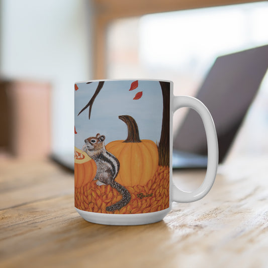 Autumn Chipmunk & Squirrel Coffee Mug – 15oz Whimsical Fall Art, Pumpkin Patch Pals by Roberta Pacino