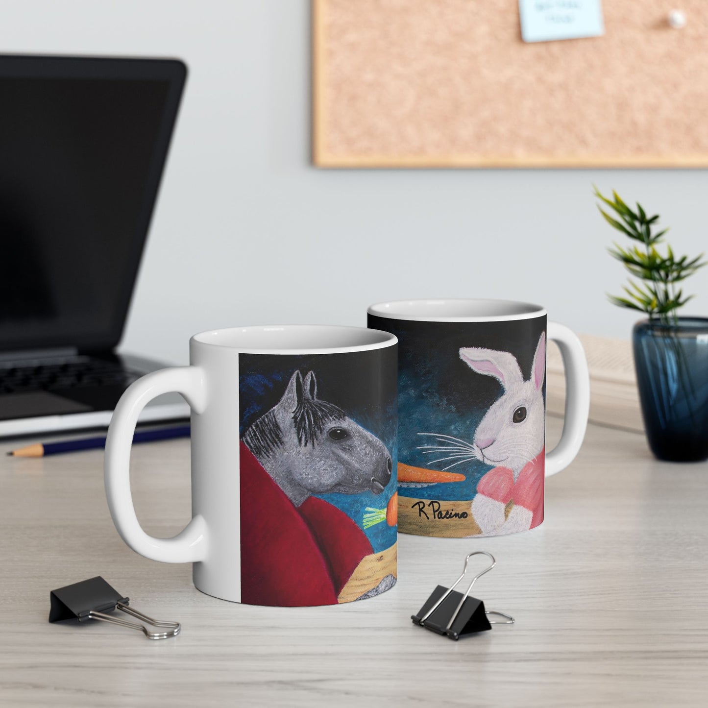 Horse and Rabbit Coffee Mug – 11oz Fantasy Animal Art Cup | Single Carrot by Roberta Pacino