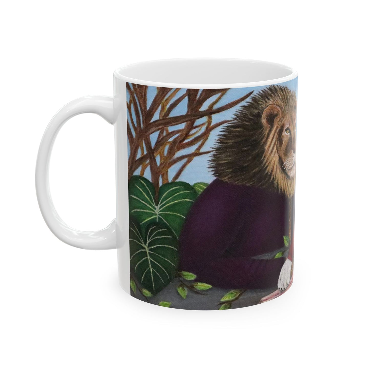 Whimsical Lion and Tiger Coffee Mug – 11oz Jungle Animal Art Cup, King’s Table by Roberta Pacino