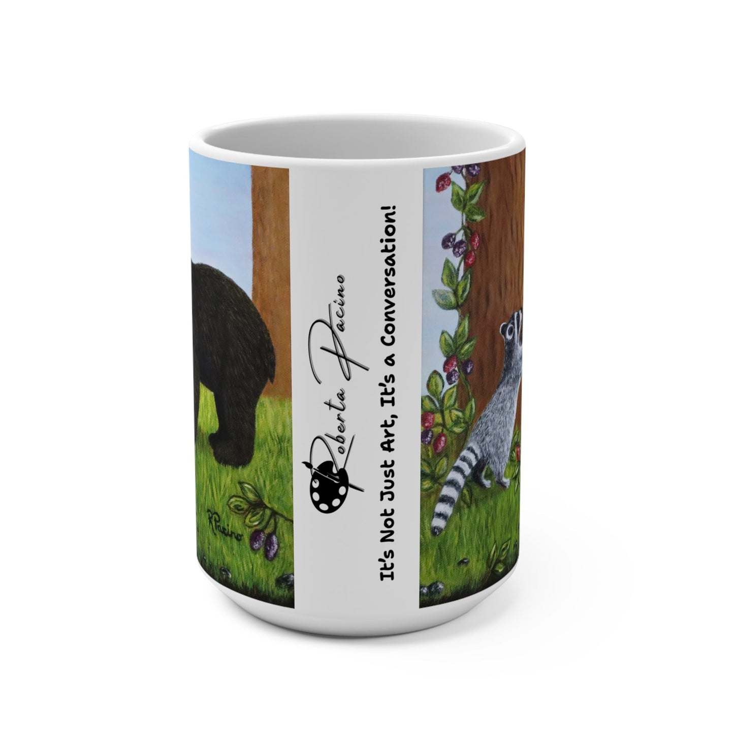 Wildlife Mug – Woodland Animals Coffee Cup 15 oz, Raccoon & Bear Cub Nature Art – Forest Friends by Roberta Pacino