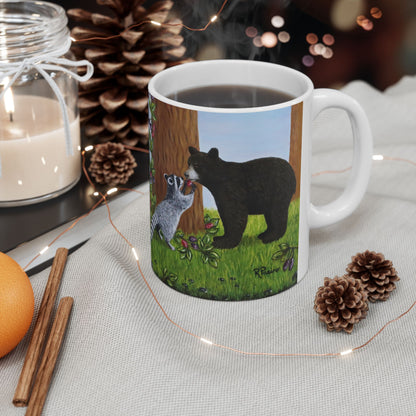 Wildlife Mug – Woodland Animals Coffee Cup 11 oz, Raccoon & Bear Cub Nature Art – Forest Friends by Roberta Pacino