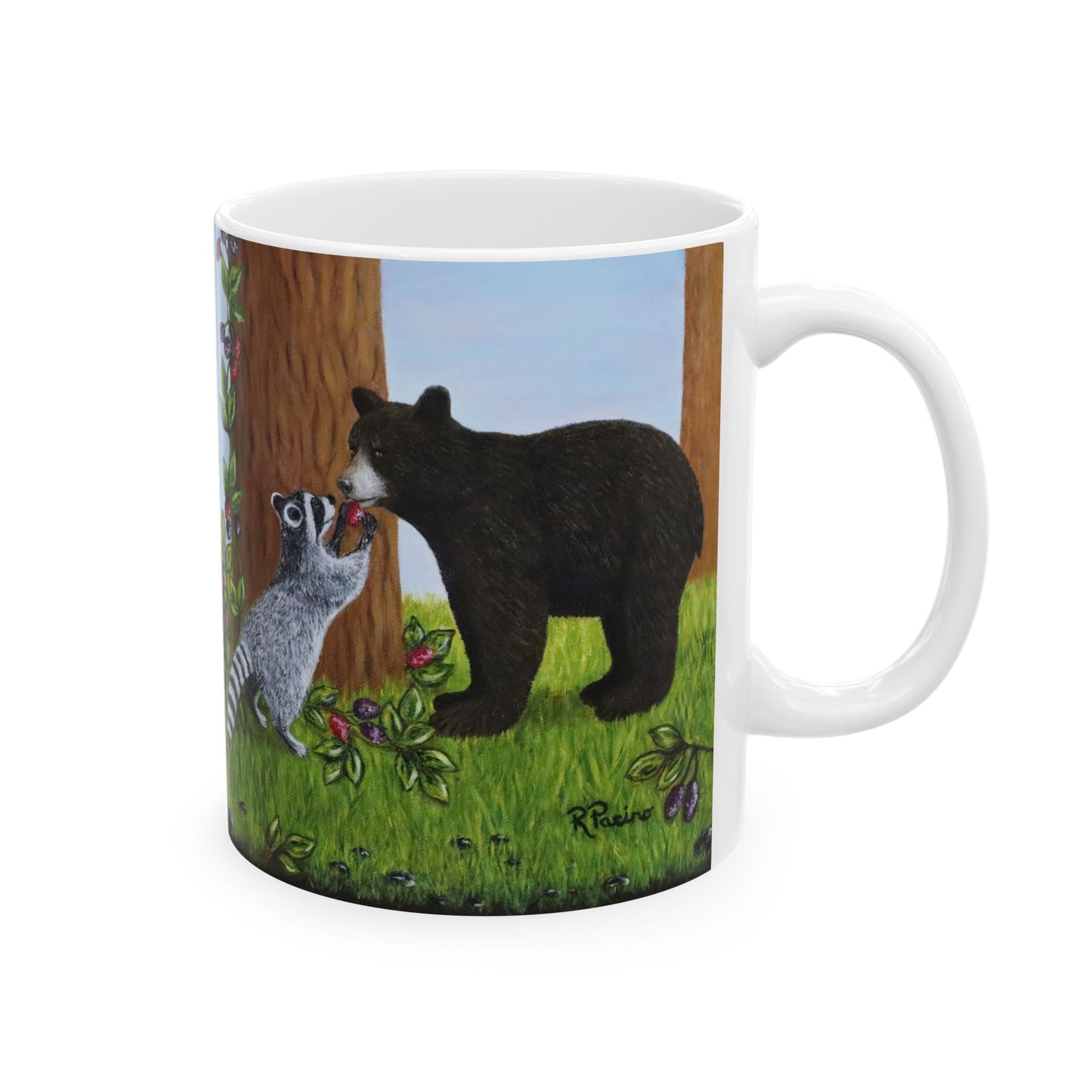 Wildlife Mug – Woodland Animals Coffee Cup 11 oz, Raccoon & Bear Cub Nature Art – Forest Friends by Roberta Pacino